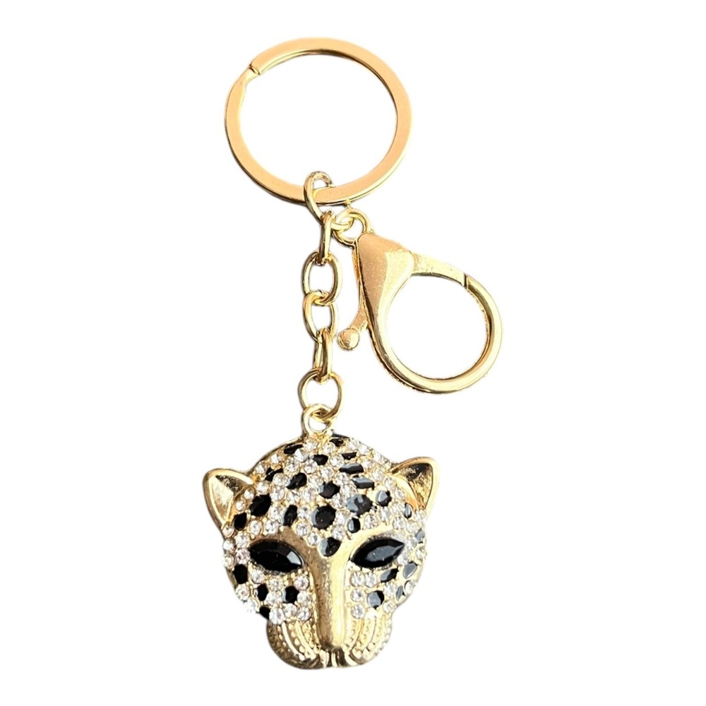 Women's Gold Tone 4" Leopard Panther Head Rhinestone Bling Charm Key Chain